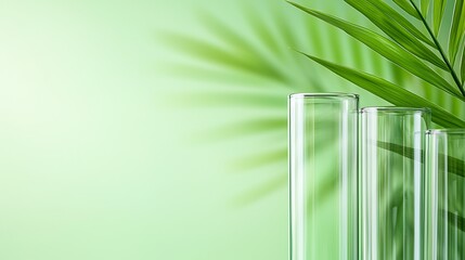 Close-up View of Glass Test Tubes with Green Leaves on a Light Green Background