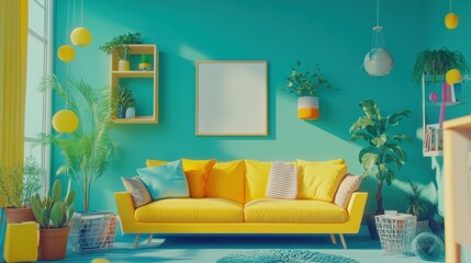 Obraz premium Vibrant yellow living room with plants and sunlight