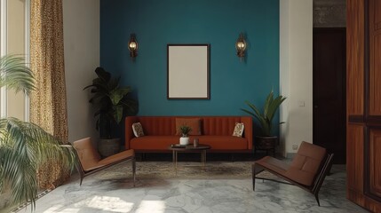 Stylish living room corner, teal walls, orange sofa