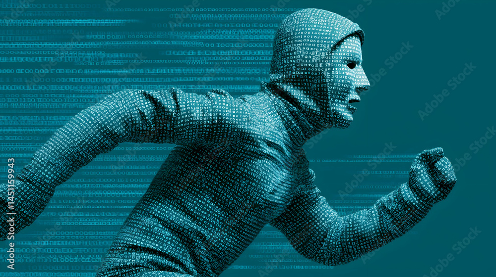 Aufkleber a digital figure of a running person made from binary code, symbolizing speed and technology on a te