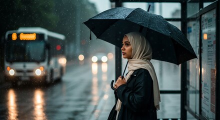 A Woman Waits Under an Umbrella in the Rain