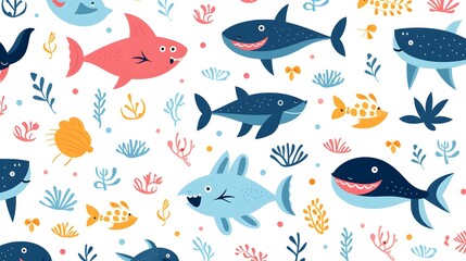Underwater sea animals seamless pattern with ocean waves in flat design