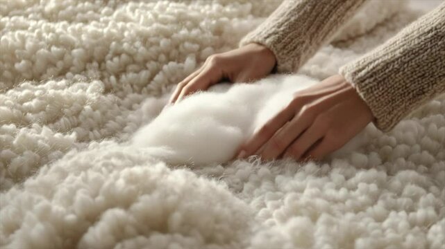 Soft, white wool fabric being examined by hands