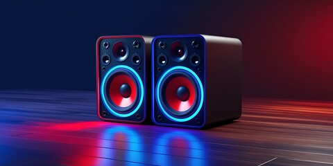 Colorful illuminated audio speakers with powerful sound setup, ambient lighting, and sleek black design, perfect for party environments or modern living rooms

