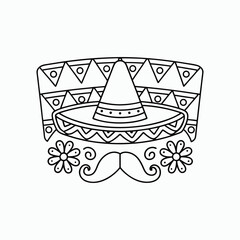 Line Art Cinco de Mayo Graphic – Sombrero & Festive Typography on White Background.