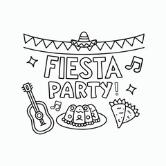 Mexican Fiesta Party – Outline Sombrero, Taco & Guitar Illustration with Festive Typography.
