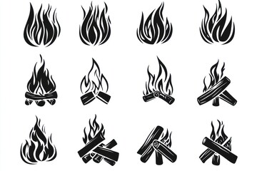 Fototapeta premium Campfire flames icons; wood burning; outdoor recreation; white background; design elements
