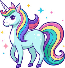 Fototapeta premium A cute, light blue cartoon unicorn with a rainbow mane and tail, and a sparkling horn.