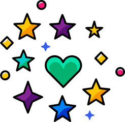 Obraz premium A playful arrangement of colorful stars, diamonds and a green heart shape.