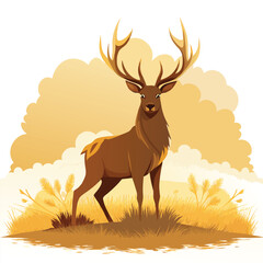Capture the serene beauty of a majestic stag with large antlers standing in a misty, golden field. with white background