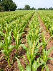 Naklejka premium field of young corn in the period of throwing volost. even rows. Healthy plants