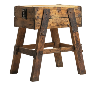 A wooden table with a metal hinge