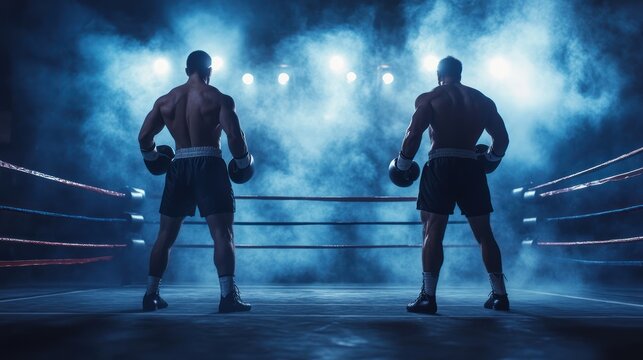 Boxers face off in a dramatic arena filled with suspenseful smoke and bright lights