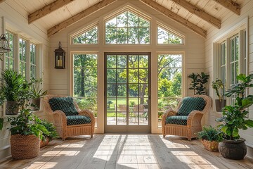Bright sunroom with large windows, wooden floors, polka dot cushion chair, and patio view through open door