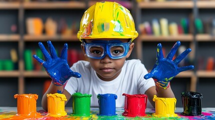 Young child expressing creativity with colorful paint while wearing a safety helmet and goggles in a vibrant art studio