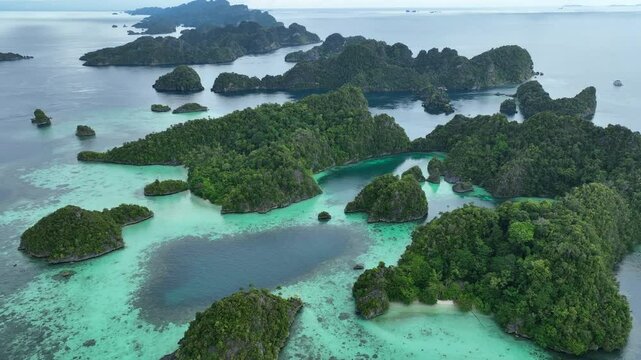 Rock islands rise from the beautiful seascape in Misool, Raja Ampat, Indonesia. This area is known as the heart of marine biodiversity and is a popular destination for diving and snorkeling.