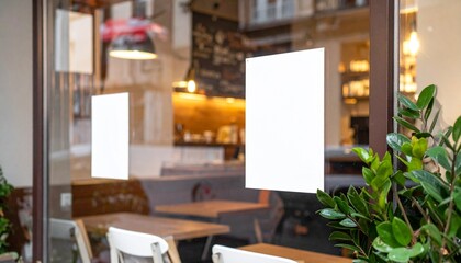 カフェの窓に貼られたポスターモックアップ