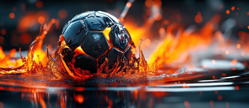 Dramatic soccer ball emergence from fiery water splash, dynamic sports action