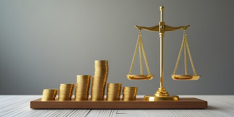 Shiny gold balance scale with piles of coins representing law, money, and equity, ideal concept for business, investment, legal advice, or financial regulation themes

