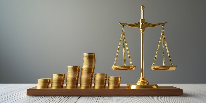 Shiny gold balance scale with piles of coins representing law, money, and equity, ideal concept for business, investment, legal advice, or financial regulation themes

