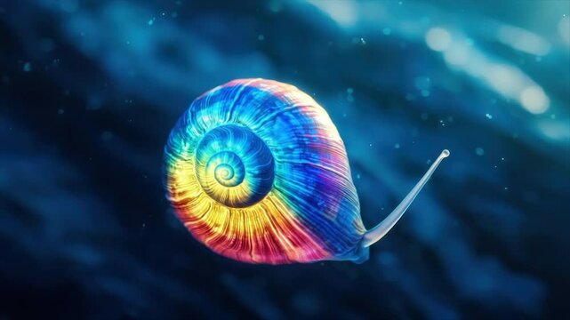 A vibrant, colorful snail shell floats in a dark, ethereal space.  Its shell glows with rainbow hues