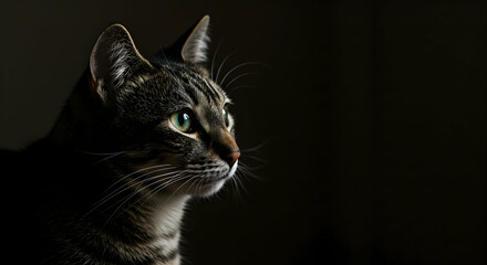 Captivating Portrait of a Tabby Cat in Soft Light against Dark Background