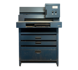 An old blue printer with a black keyboard sits on a white background