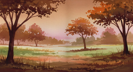 Autumn Landscape with Trees and Soft Colors in Gentle Light