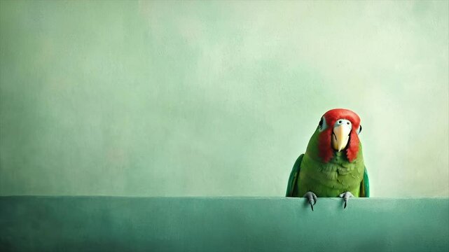A parrot, vibrant green and red, peering over a teal border