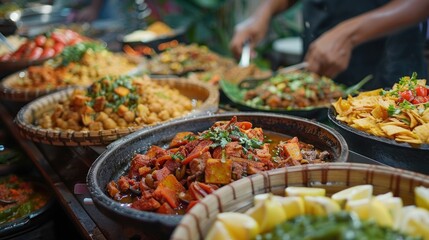Fototapeta premium Diverse array of food dishes in a street food market