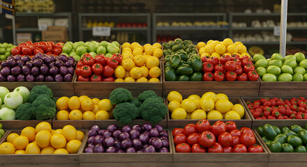 Colorful Display of Fresh Fruits and Vegetables at a Market Stall