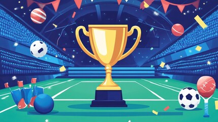 Vibrant sports stadium with trophy, balls, and confetti celebration scene