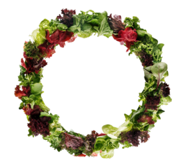 A wreath made of various types of vegetables, including lettuce, spinach