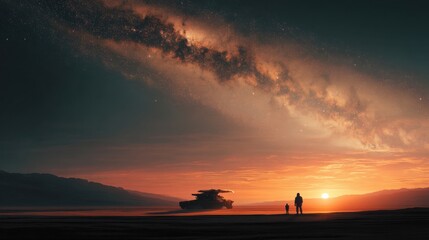 A breathtaking sci-fi landscape featuring a vast desert at dusk with two silhouetted figures standing in the foreground. In the background, a futuristic spacecraft is partially visible, with brilliant