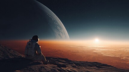 An astronaut sitting on a rocky surface, gazing at a distant planet and a rising sun in the horizon, showcasing a stunning cosmic landscape filled with ethereal colors and textures. The tranquil atmos