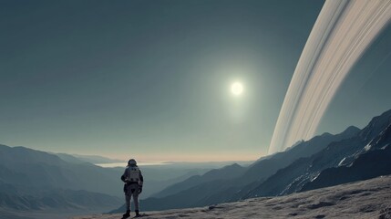 An astronaut stands on a rocky surface overlooking a distant landscape under a vast sky, where a large ringed planet is prominently featured against a backdrop of soft sunlight. The terrain is rugged 