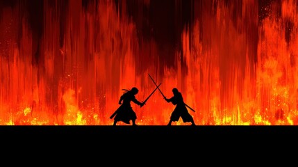 Two samurai figures engaged in a fierce swordfight against a dramatic backdrop of orange and red flames, creating a striking contrast between the silhouettes of the warriors and the vibrant inferno be