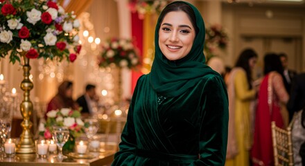 Elegant Woman in Emerald Green Velvet Abaya at a Luxurious Wedding Reception