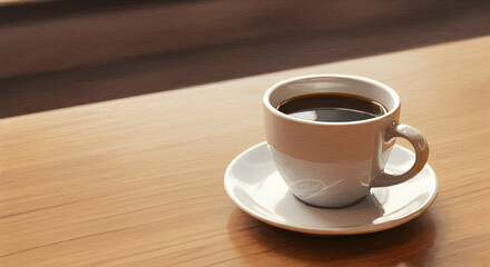 Freshly Brewed Coffee in White Cup on Wooden Table Top