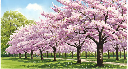 Naklejka premium Blooming Cherry Blossom Trees in a Serene Park Landscape