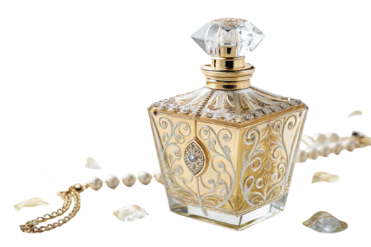 An old glass bottle with vintage aroma, a metal object containing antique perfume