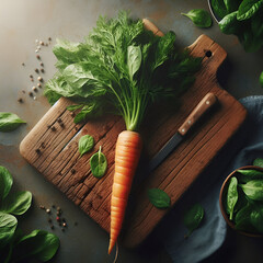 Whole Carrot with Greens on Rustic Wooden Cutting Board – Natural Ingredient Photo