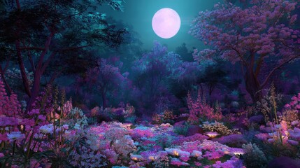 A vibrant and enchanting night scene depicting a magical forest bathed in hues of purple and pink. The landscape is filled with blooming flowers, lush vegetation, and towering trees illuminated by the