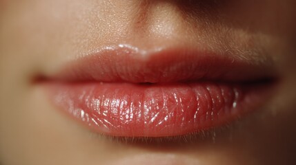 Close-up view of glossy, well-defined lips with a natural pink tone, showcasing a smooth texture and subtle shine, highlighting the beauty and care of lip cosmetics.