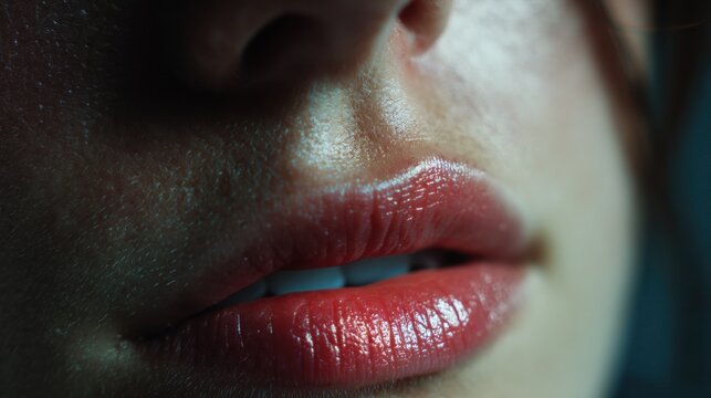 Close-up of a pair of lips with a shiny, glossy finish, showcasing a soft and delicate texture. The lighting highlights the contours of the lips, emphasizing their fullness and natural color. The back