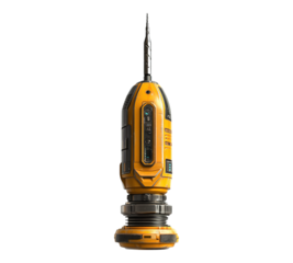 A yellow object with a pointed end sits on a white background