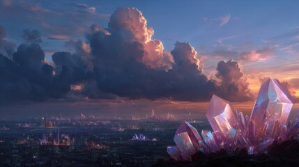 A breathtaking digital landscape featuring large, vibrant, crystal formations in the foreground, set against a dramatic sky filled with colorful clouds at sunset. The background showcases a sprawling 