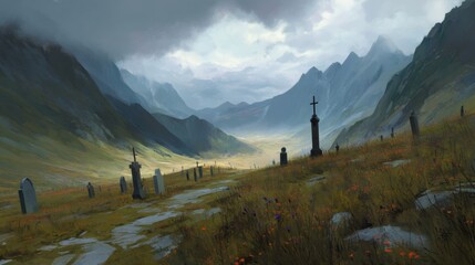 A serene, atmospheric landscape featuring a winding path leading through a graveyard amidst rolling hills and towering mountains. Graves with crosses are scattered throughout the foreground, surrounde