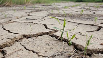 Closeup of drought-cracked earth with tiny plants breaking through