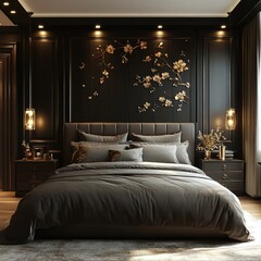 Elegant dark bedroom, gold floral wall art, sunlight
